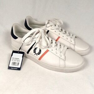 Fred Perry Spencer Sneakers White Leather Navy Blue Orange Stripe Mens 8 NWT